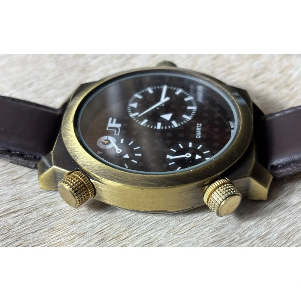 JF J. Ferrar Quartz Watch Brown Leather Band Black Dial Classic Dress‎ Watch